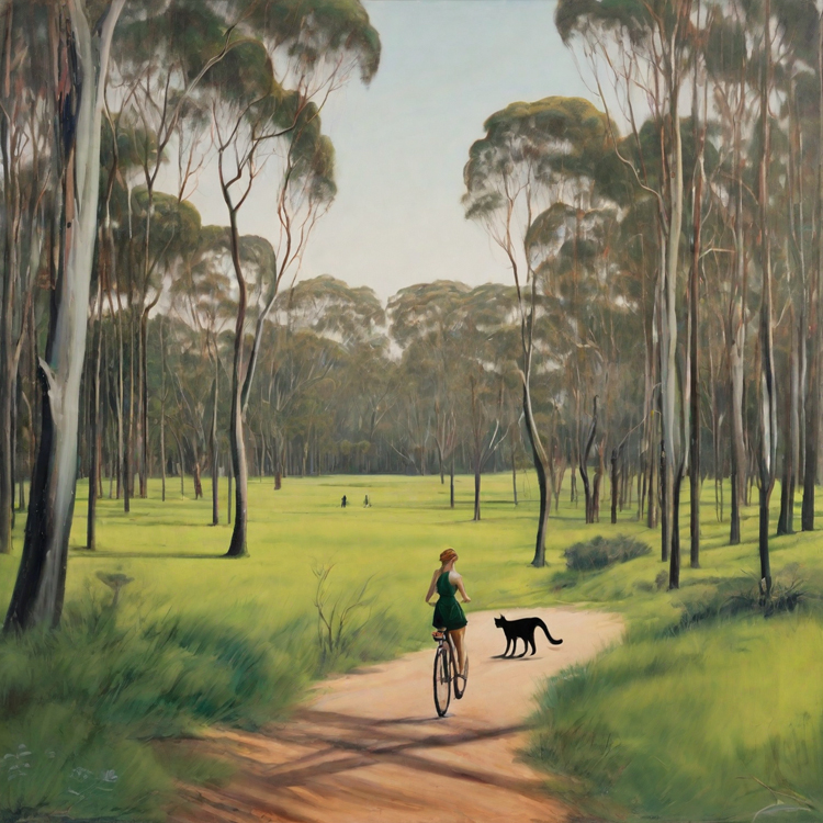 Eucalyptus trees with a path winding through them, a woman on a bike following a black cat