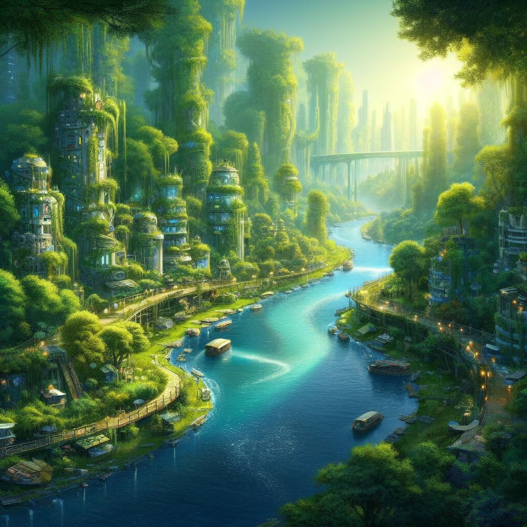 AI generated green solarpunk city with river running through