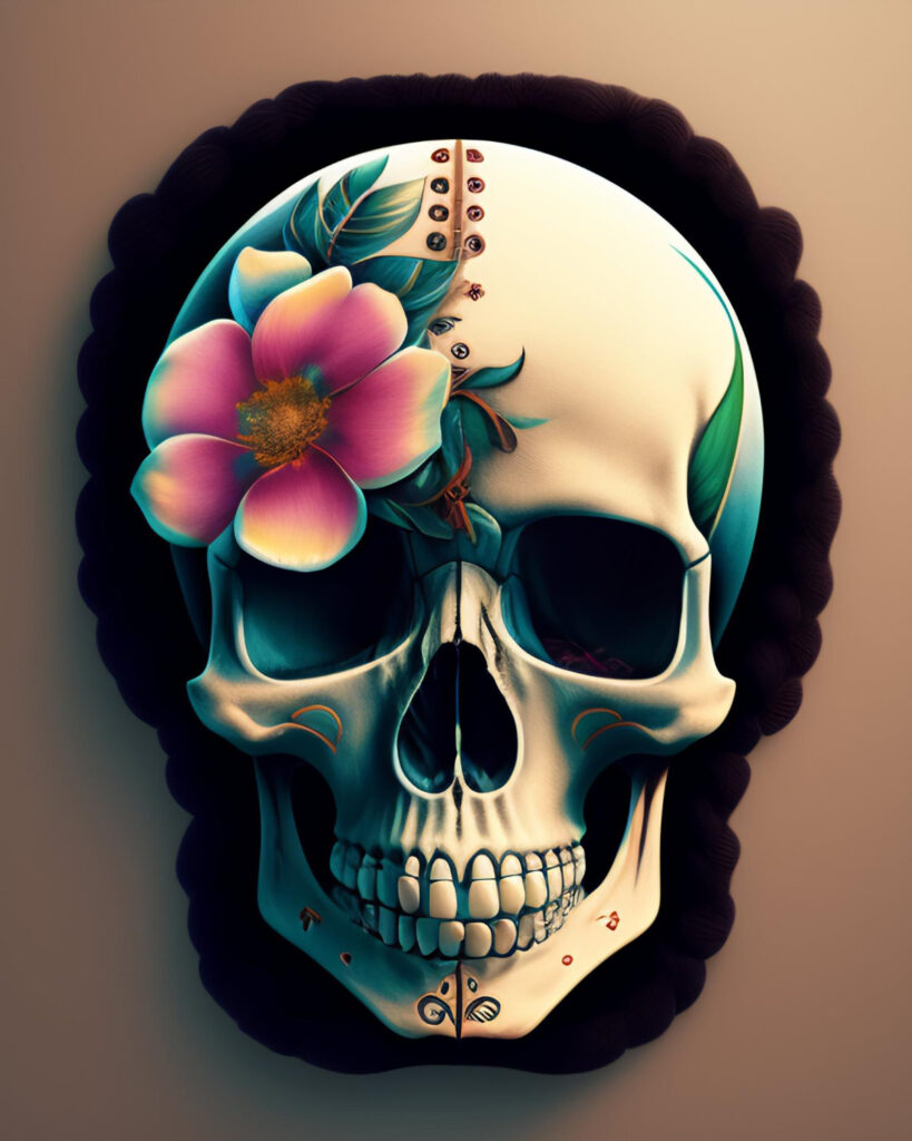 Vector art skull with pink flower in top left