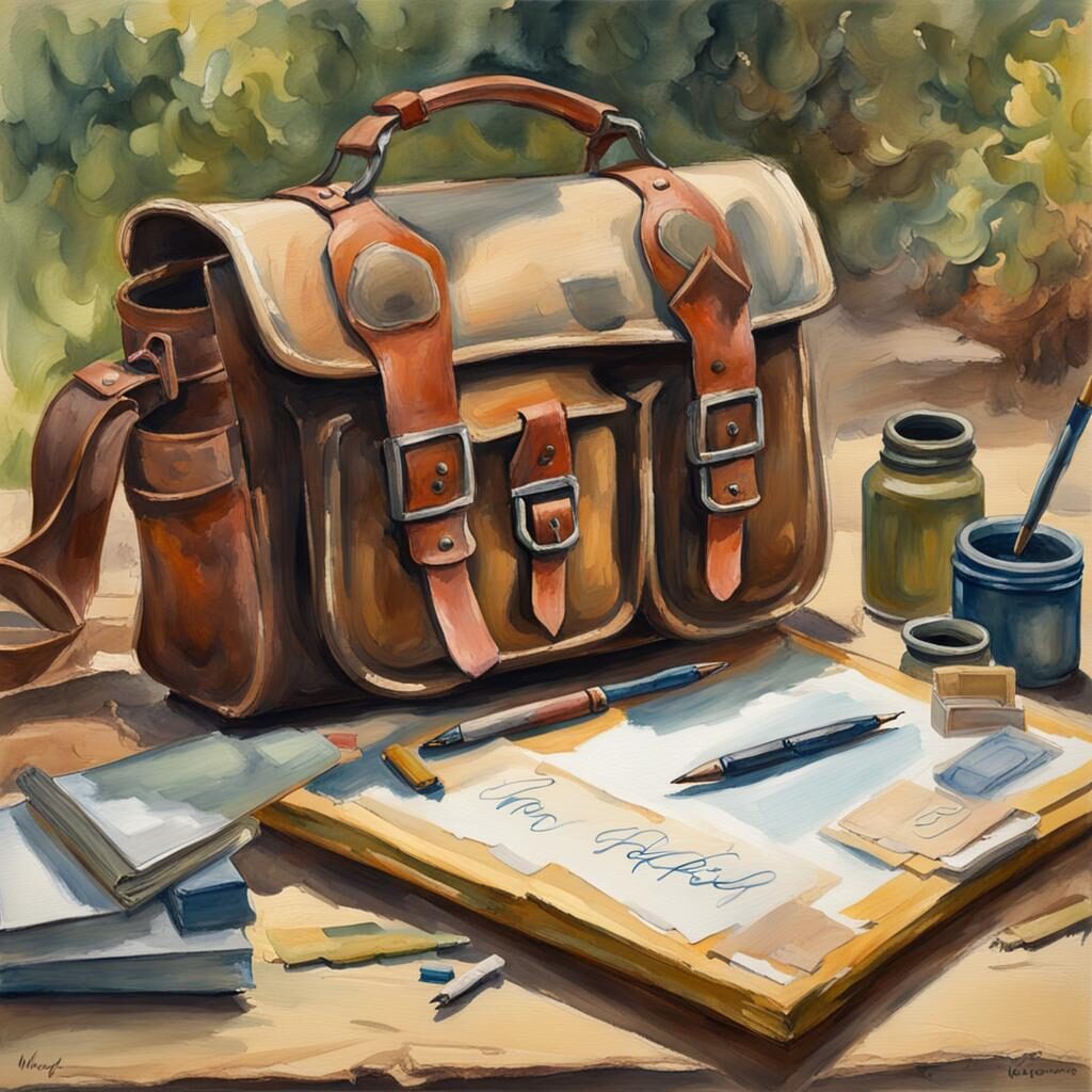 A satchel with various writing equipment including a notebook, pens, an ink well